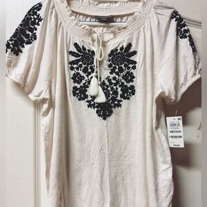 Style & Co. Embellished White/Black Peasant Blouse